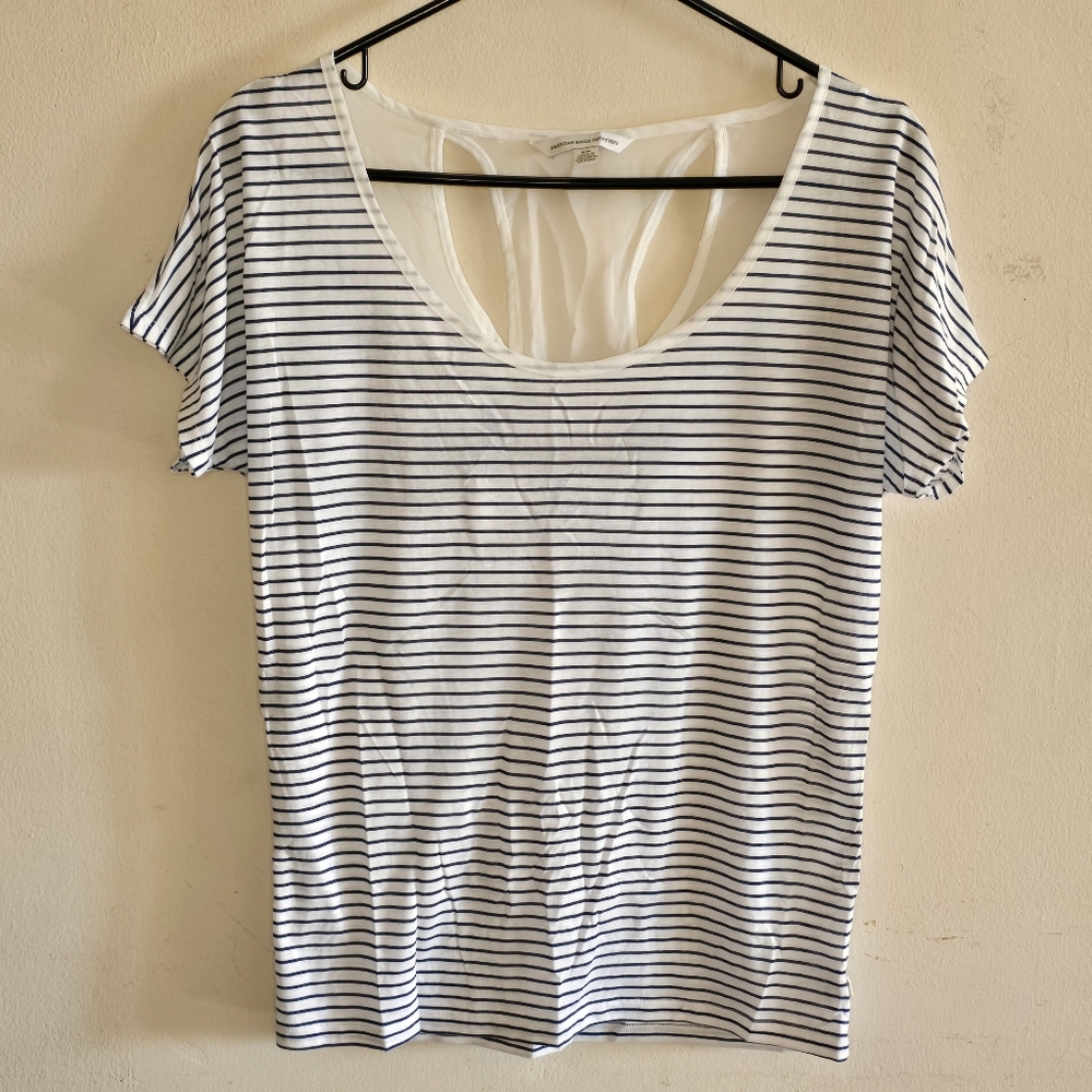 American Eagle Striped Tee Top Women's Size Small Navy White Sheer Back
